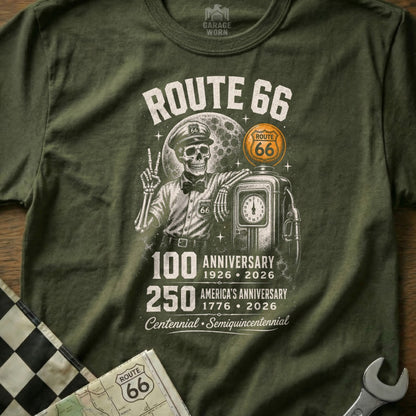 Skeleton with Route 66 gas pump, celebrating 100th and 250th anniversaries.