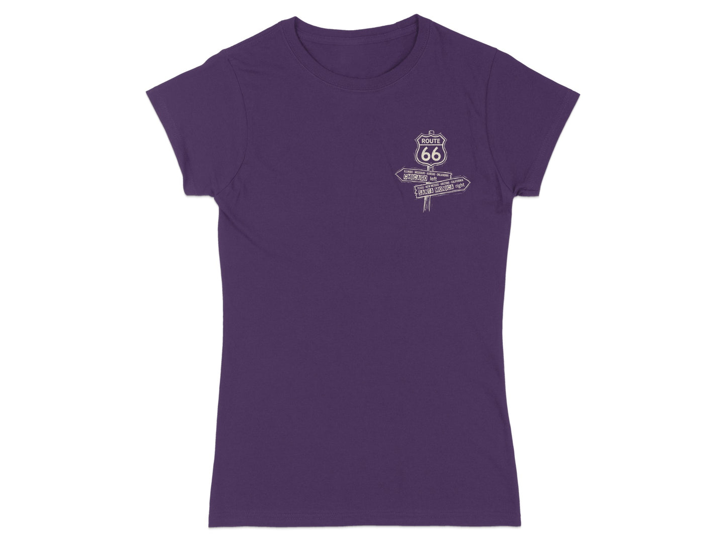 Purple t-shirt with Route 66 sign pointing left to Chicago and right to Santa Monica.