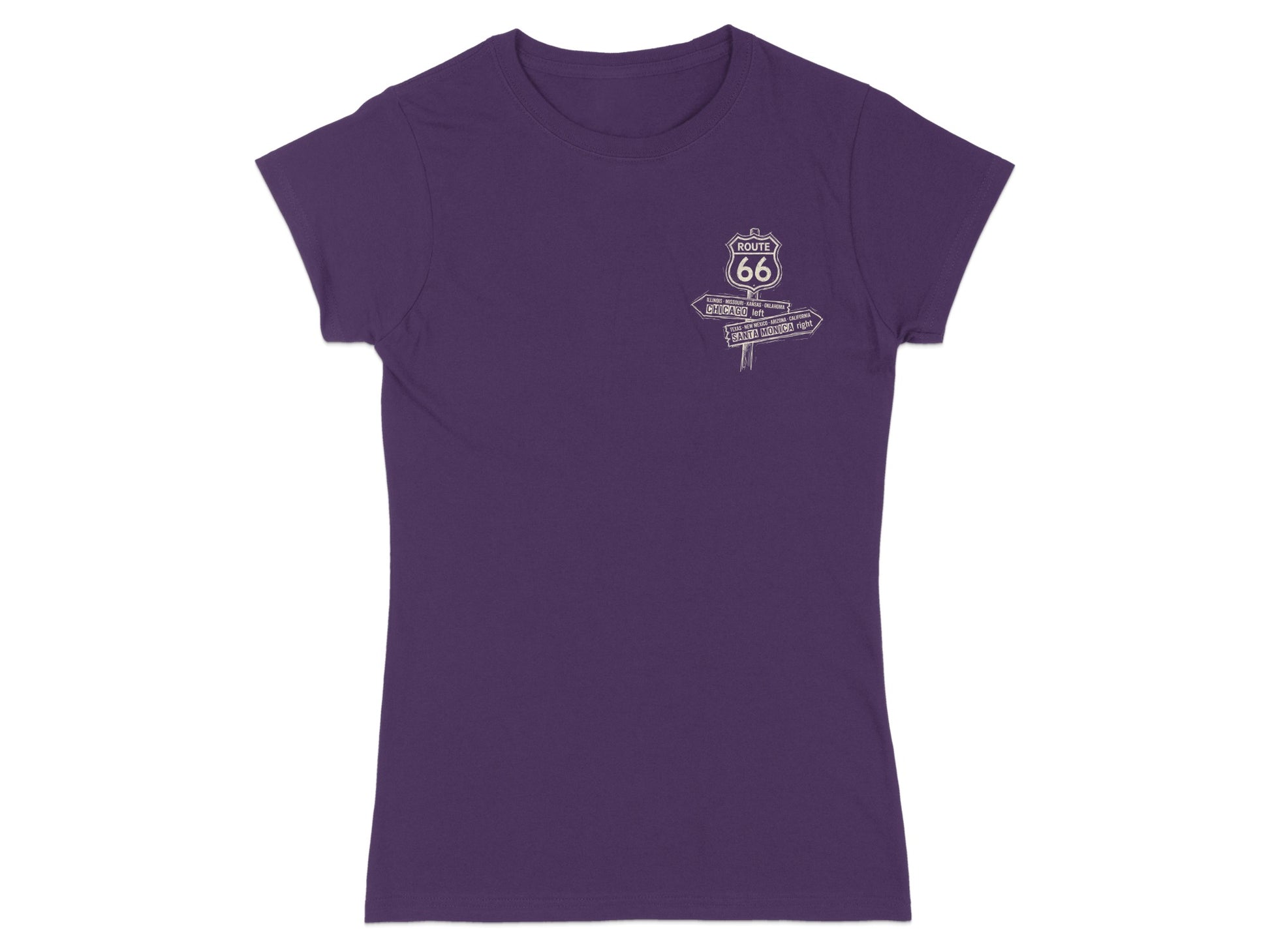 Purple t-shirt with Route 66 sign pointing left to Chicago and right to Santa Monica.
