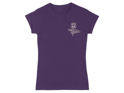 Purple t-shirt with Route 66 sign pointing left to Chicago and right to Santa Monica.
