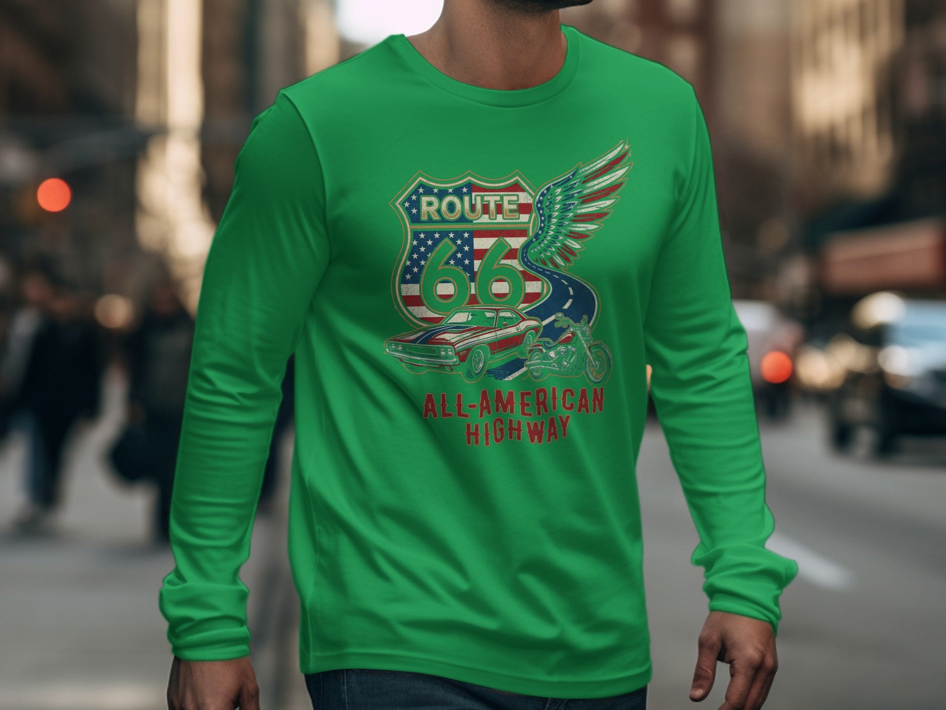 Green long-sleeve shirt with Route 66 All-American Highway graphic.