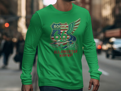 Green long-sleeve shirt with Route 66 All-American Highway graphic.