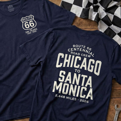 Navy t-shirt with Route 66 Centennial Chicago to Santa Monica graphic.