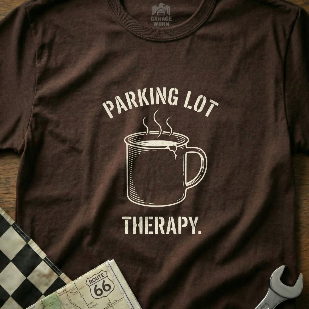 Brown t-shirt with "PARKING LOT THERAPY" and steaming coffee mug graphic.