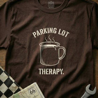 Brown t-shirt with "PARKING LOT THERAPY" and steaming coffee mug graphic.