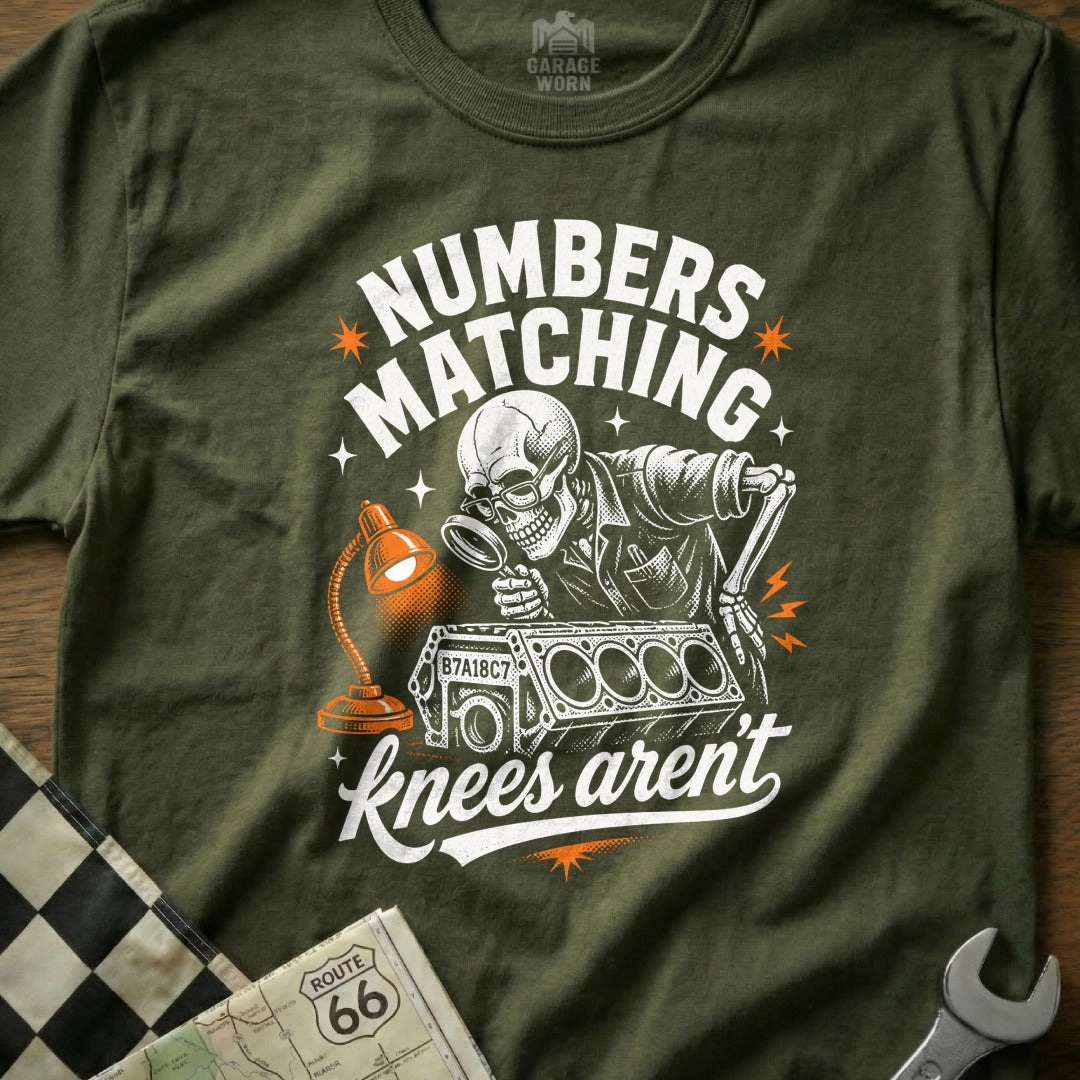 Skeleton inspecting engine block with magnifying glass, "Numbers Matching" text.