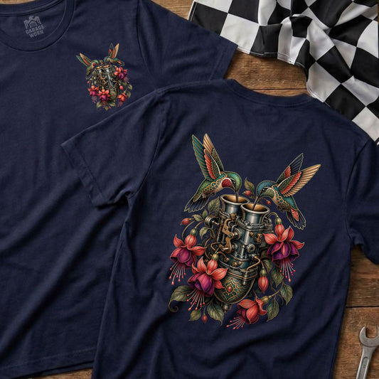 Navy t-shirt with hummingbirds, carburetor, and fuchsia flowers graphic.