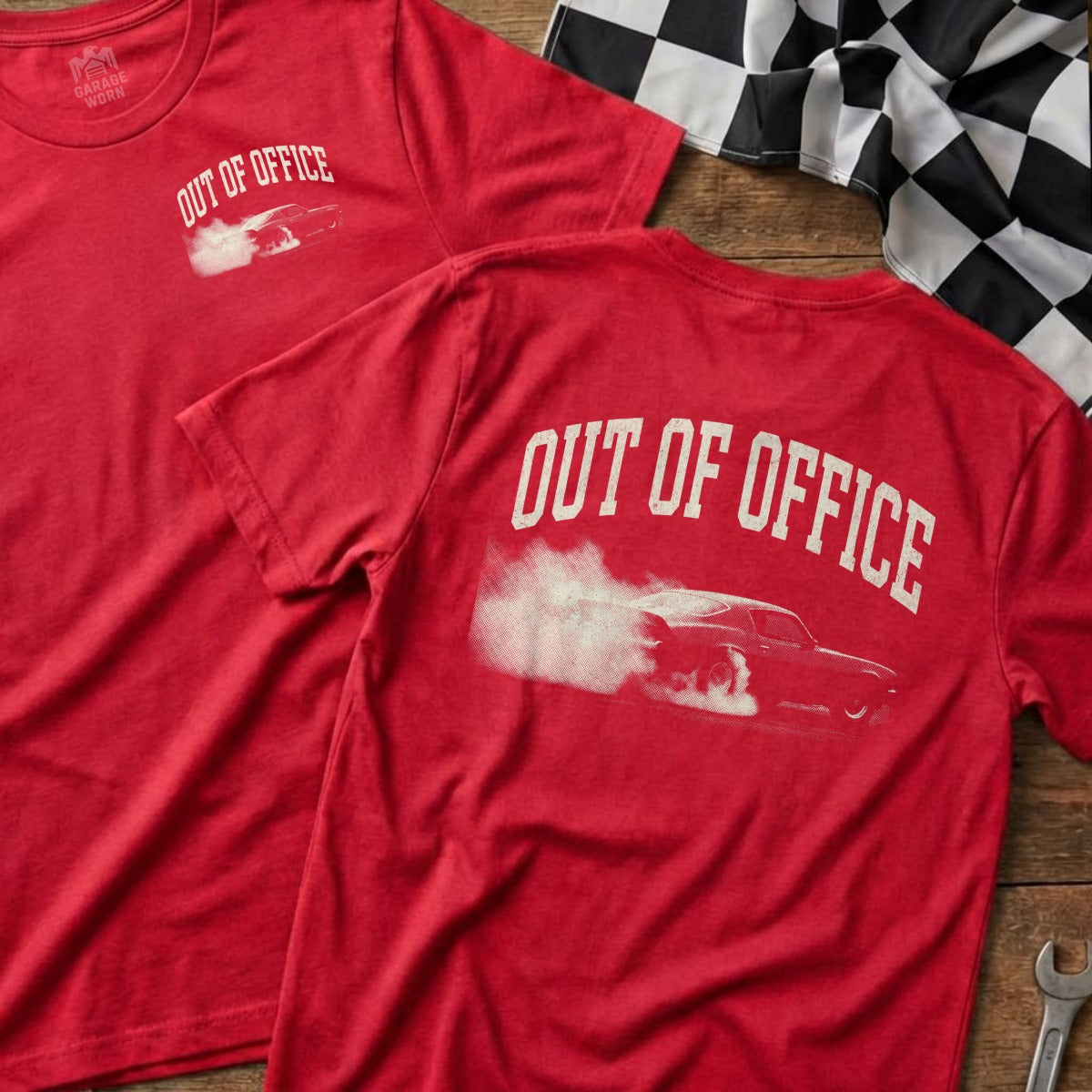 Red t-shirts with "OUT OF OFFICE" and a smoking car graphic.