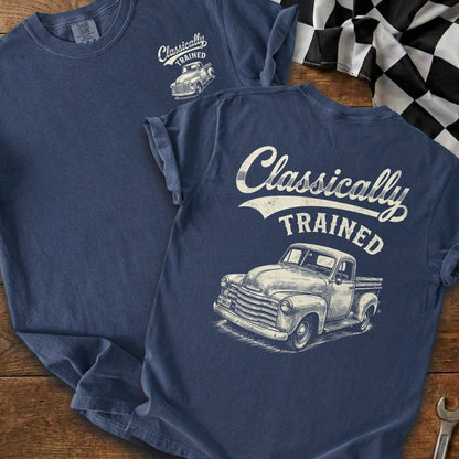 Navy t-shirt with "Classically TRAINED" and vintage truck graphic.