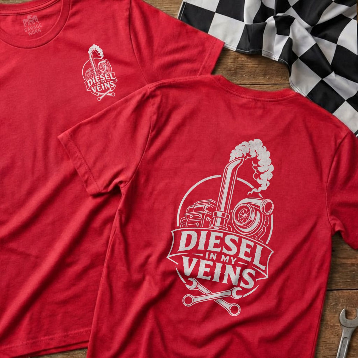 Red t-shirt with "Diesel In My Veins" graphic and engine parts.