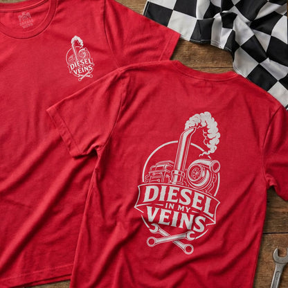 Red t-shirt with "Diesel In My Veins" graphic and engine parts.