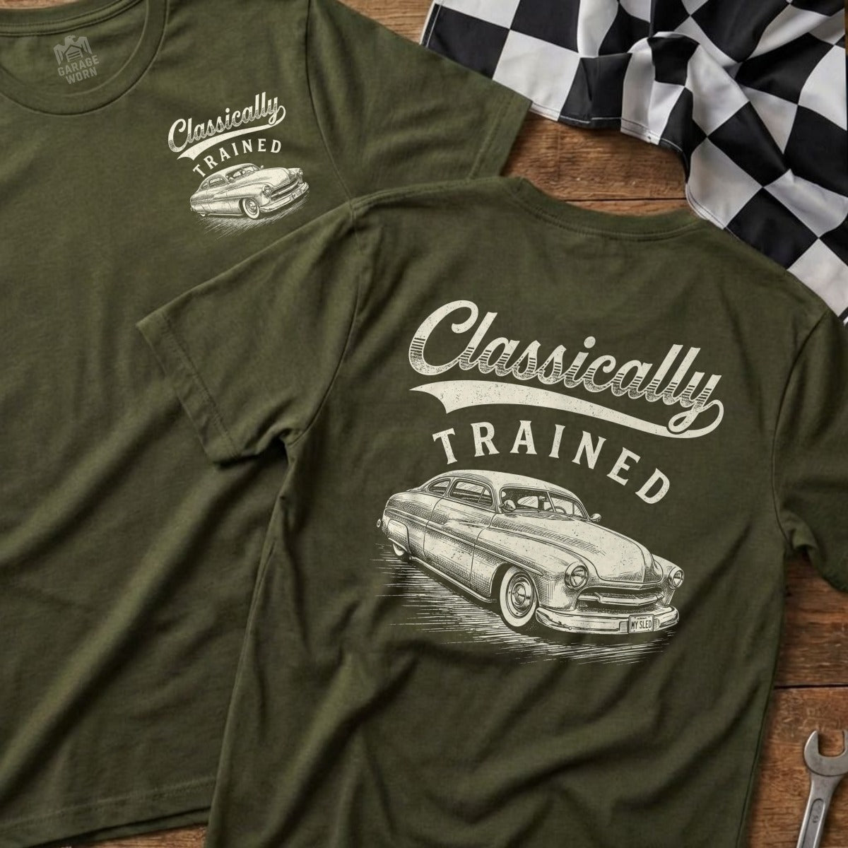 Green t-shirt with text "Classically Trained" and vintage car graphic.
