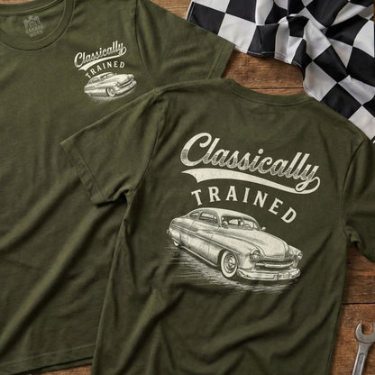 Green t-shirt with text "Classically Trained" and vintage car graphic.