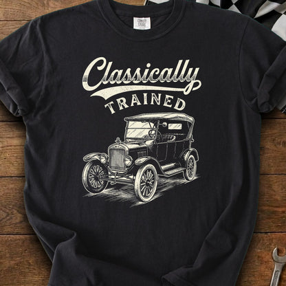Black t-shirt with "Classically TRAINED" text and vintage car illustration.