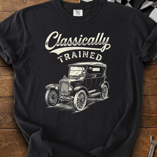 Black t-shirt with "Classically TRAINED" text and vintage car illustration.