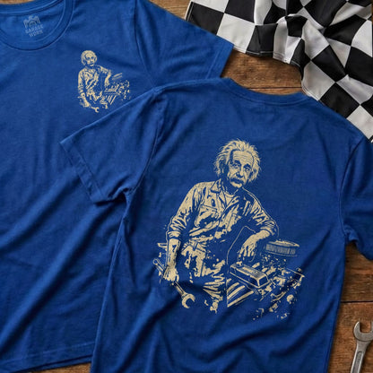 Blue t-shirt with Albert Einstein mechanic graphic and Garage & Worn logo.