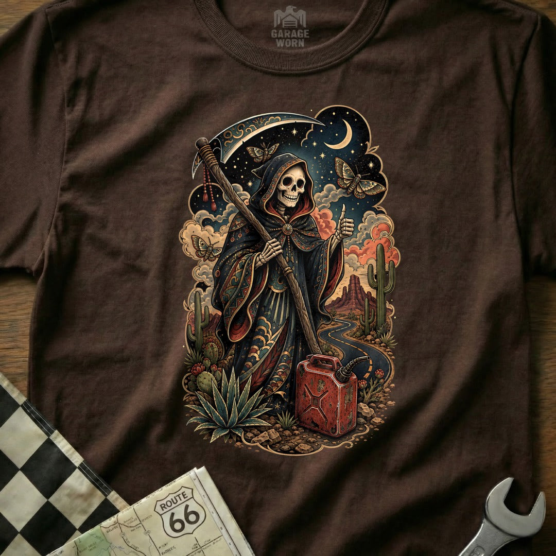 Grim reaper with scythe in desert landscape, holding jerrycan, Route 66 map.