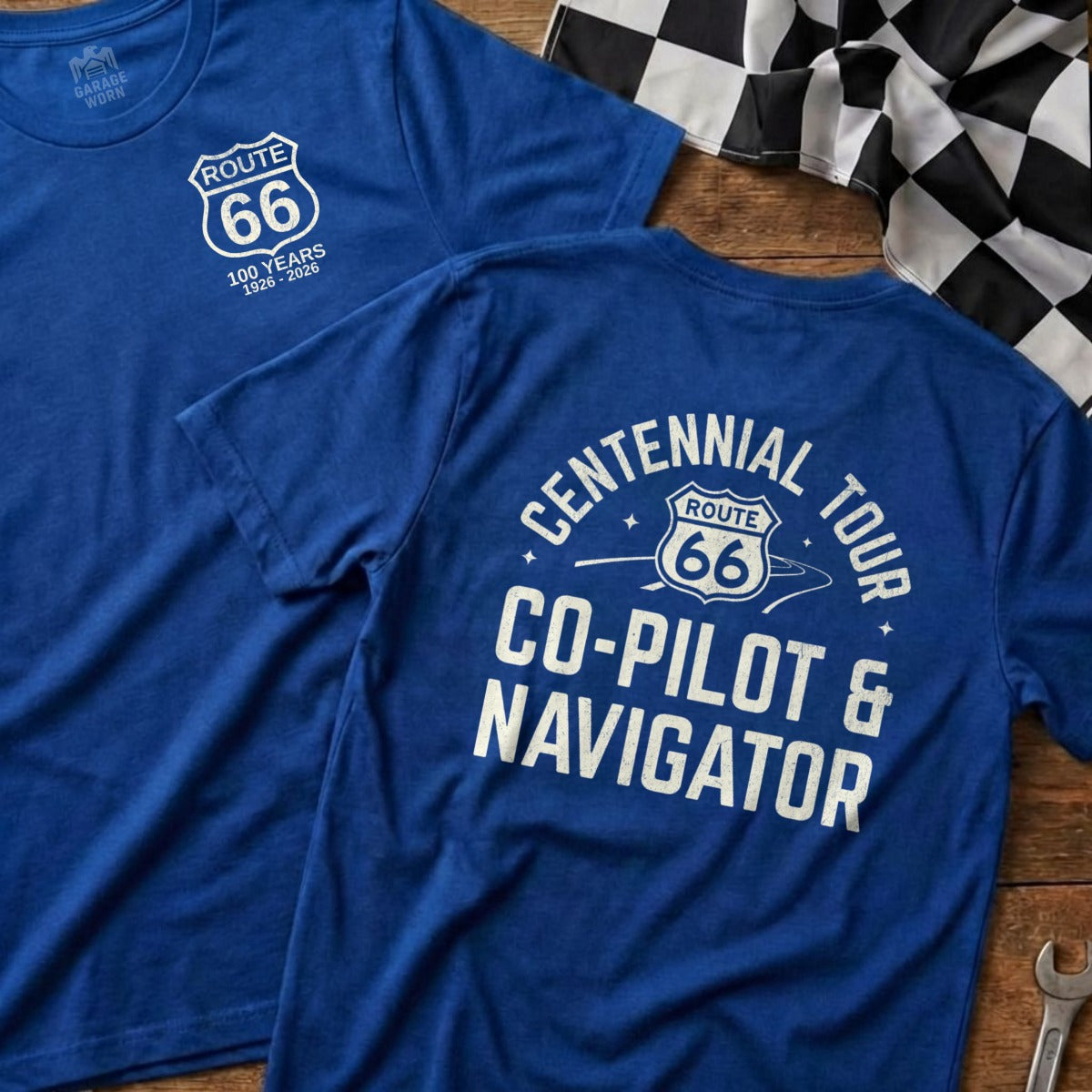 Blue Route 66 t-shirts displaying "100 Years" and "Centennial Tour" slogans.