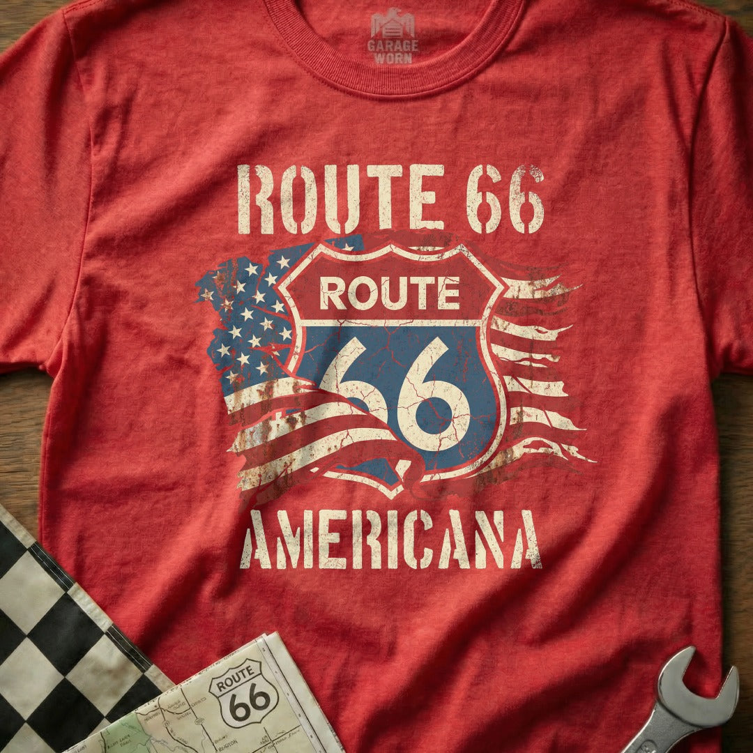 Red t-shirt with Route 66 Americana shield graphic.