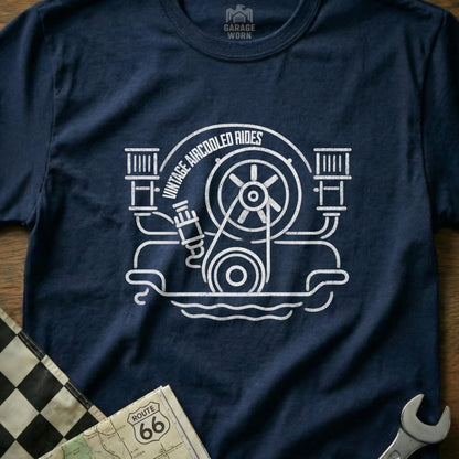 Navy t-shirt with white line art of an air-cooled engine, "Vintage Aircooled Rides" text.