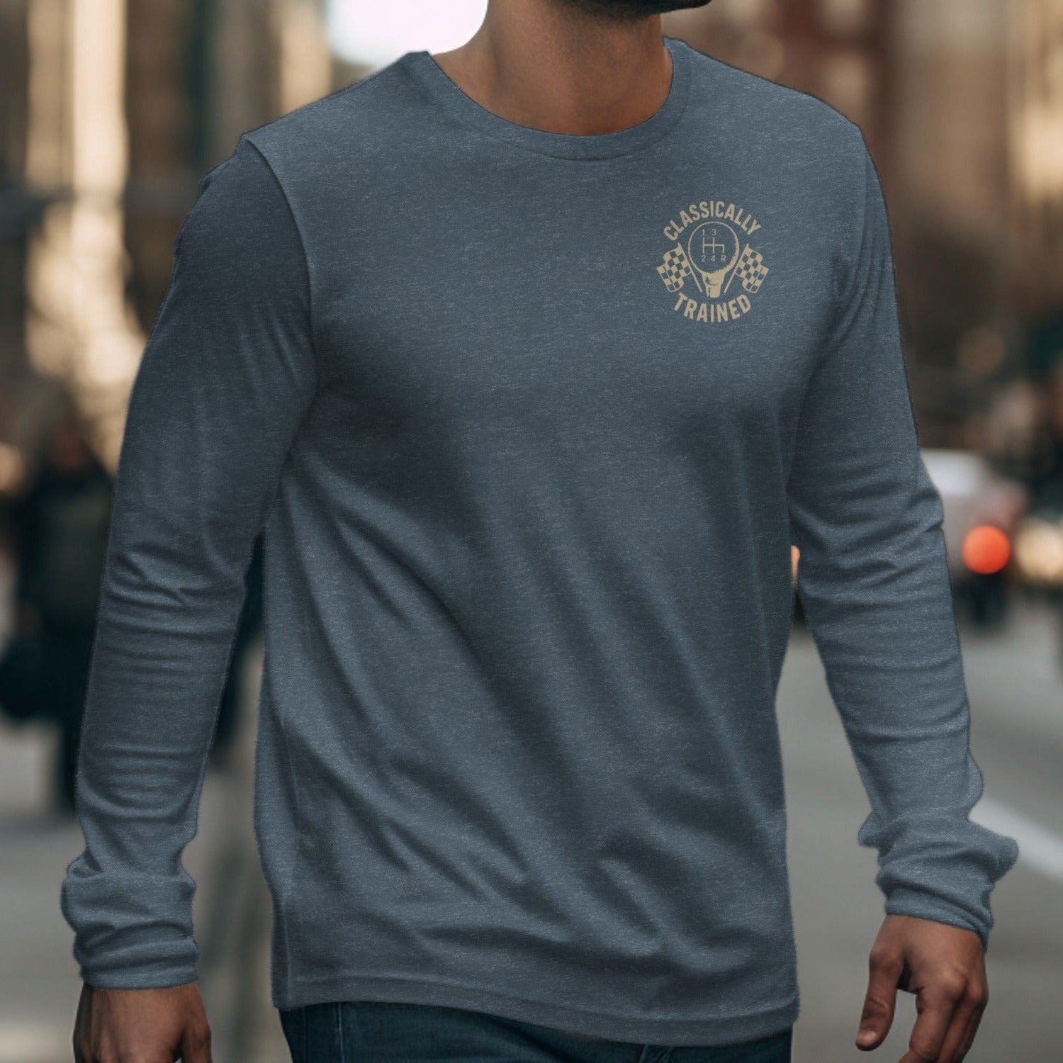 Long-sleeve charcoal t-shirt with "Classically Trained" logo and checkered flag.