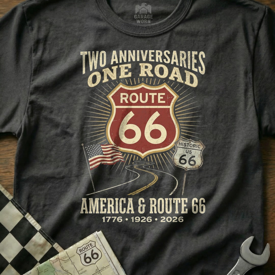 T-shirt with Route 66 logo, American flag, and anniversary dates.