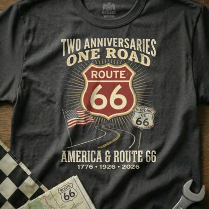T-shirt with Route 66 logo, American flag, and anniversary dates.