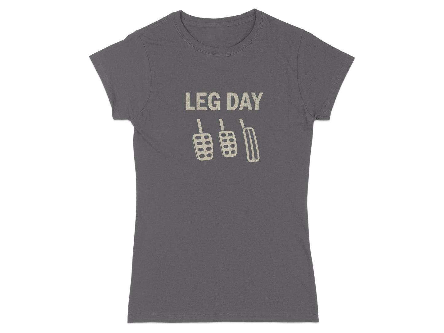 T-shirt with "LEG DAY" and clutch, brake, and accelerator pedals graphic.