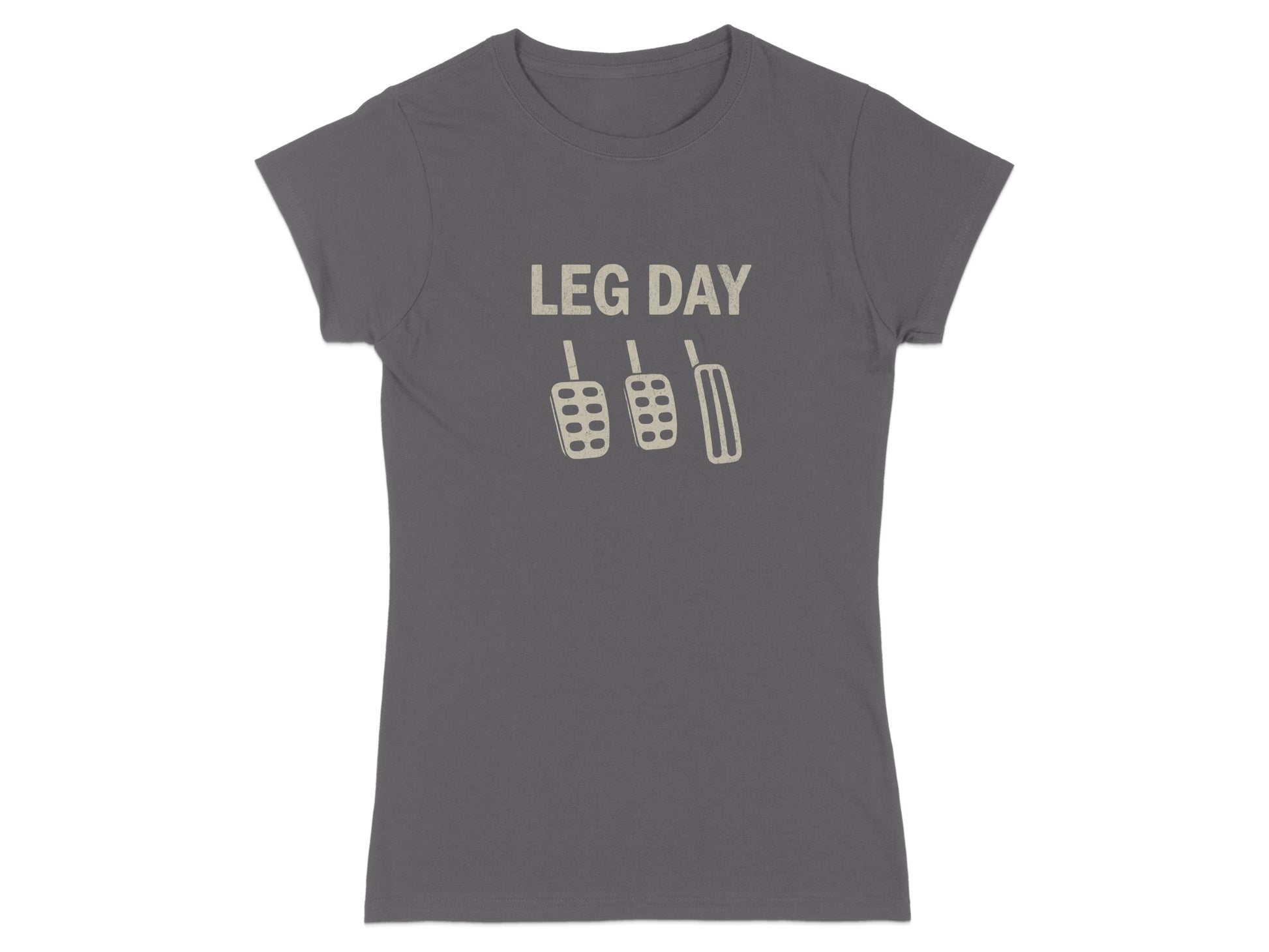 T-shirt with "LEG DAY" and clutch, brake, and accelerator pedals graphic.