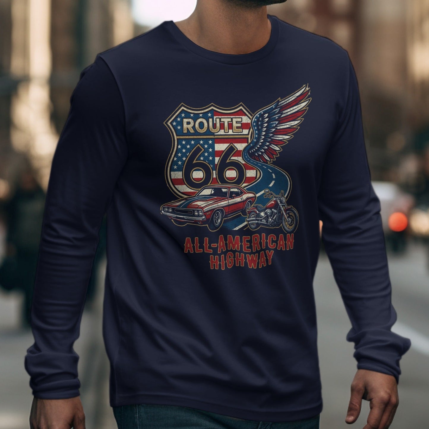 Navy long-sleeve t-shirt with Route 66 All-American Highway graphic.
