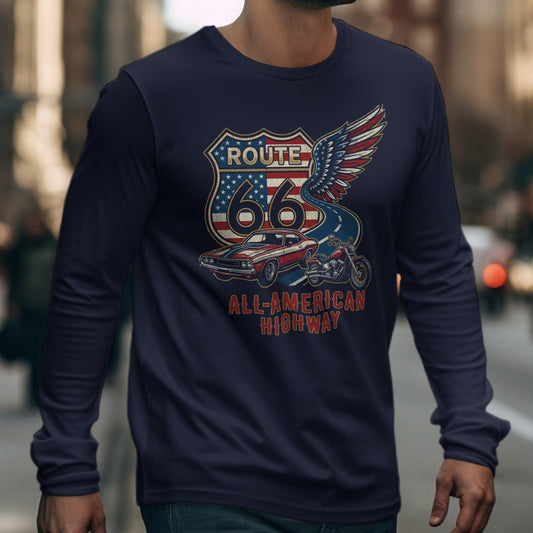 Navy long-sleeve t-shirt with Route 66 All-American Highway graphic.