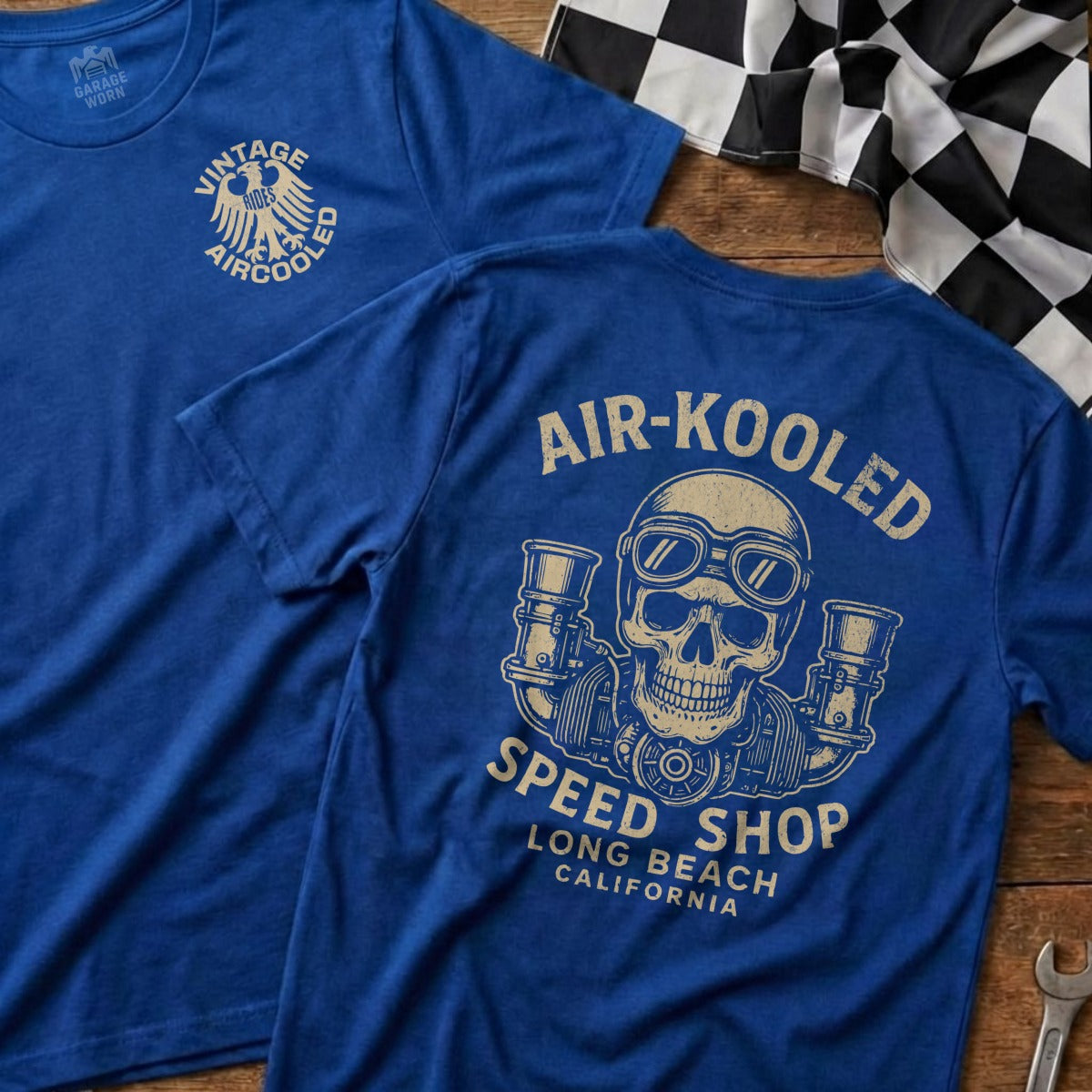 Blue t-shirt with "Air-Kooled Speed Shop" skull graphic and racing flag.