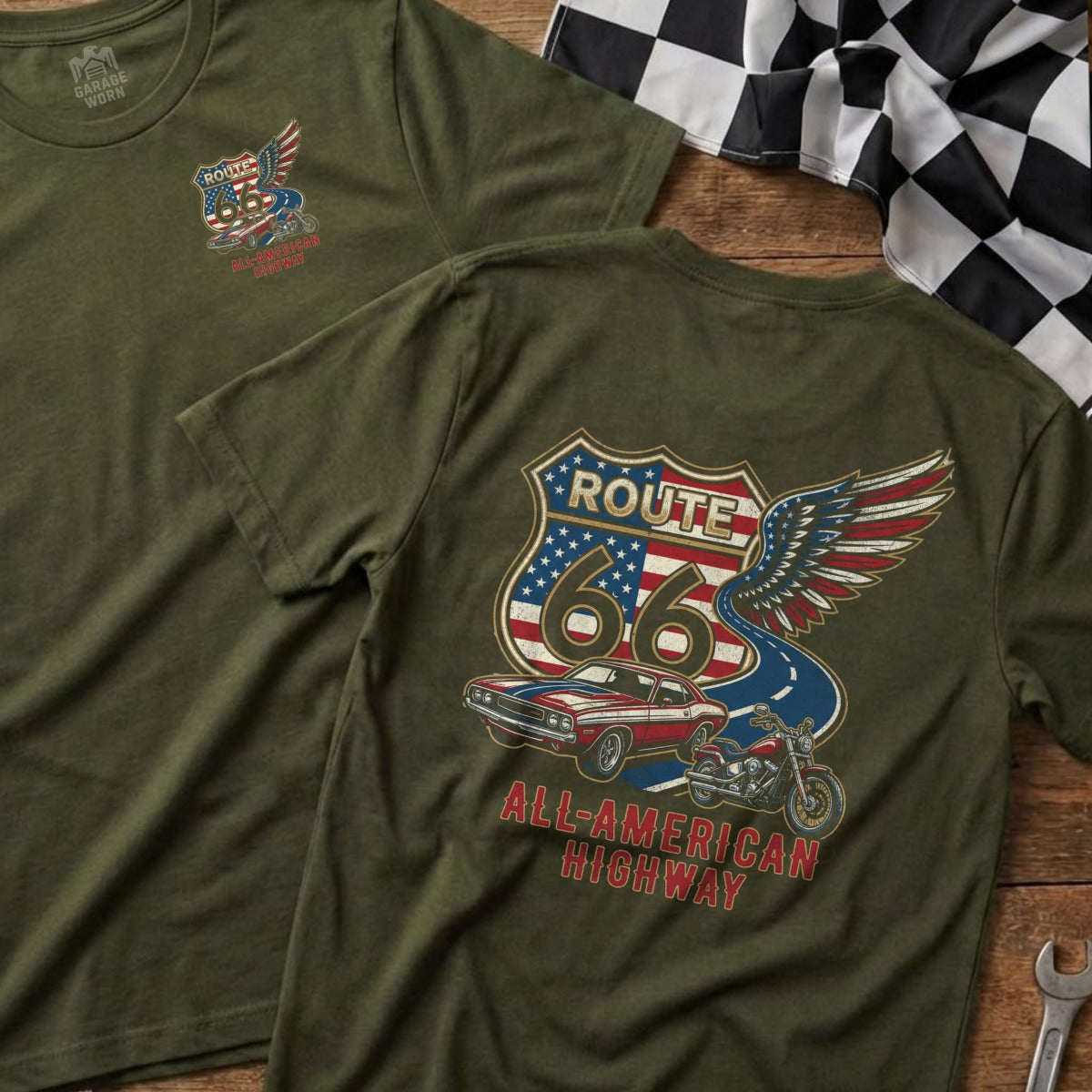 Olive green t-shirt featuring Route 66 graphic with classic car and motorcycle.