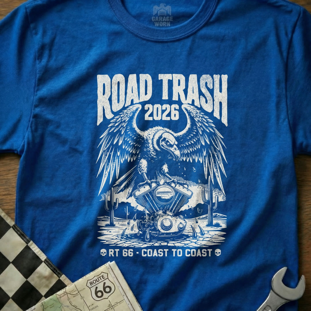 Royal blue t-shirt with "Road Trash 2026" and eagle on motorcycle engine, Route 66 map.