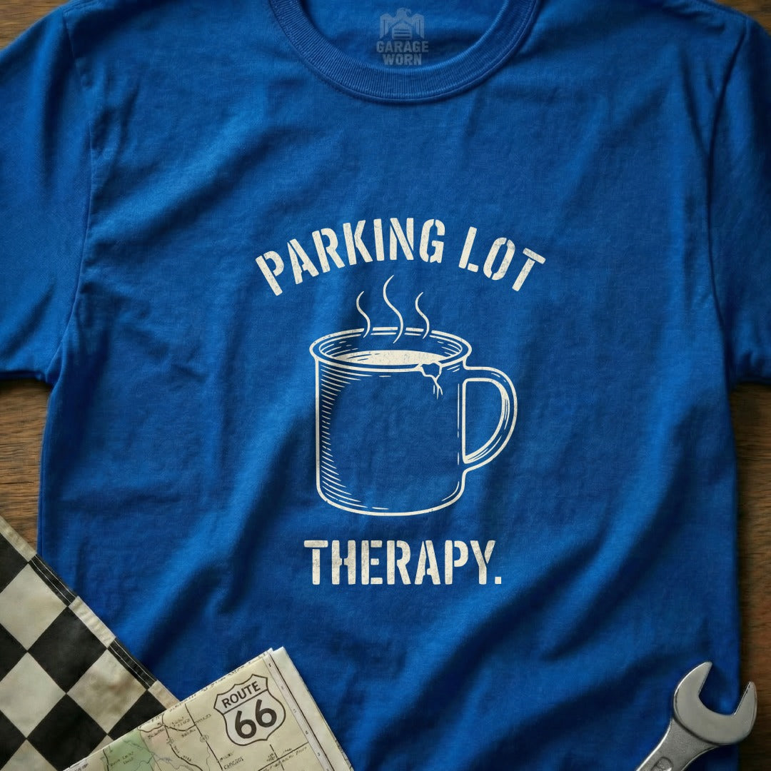 Blue t-shirt with "PARKING LOT THERAPY." and a steaming coffee mug graphic.