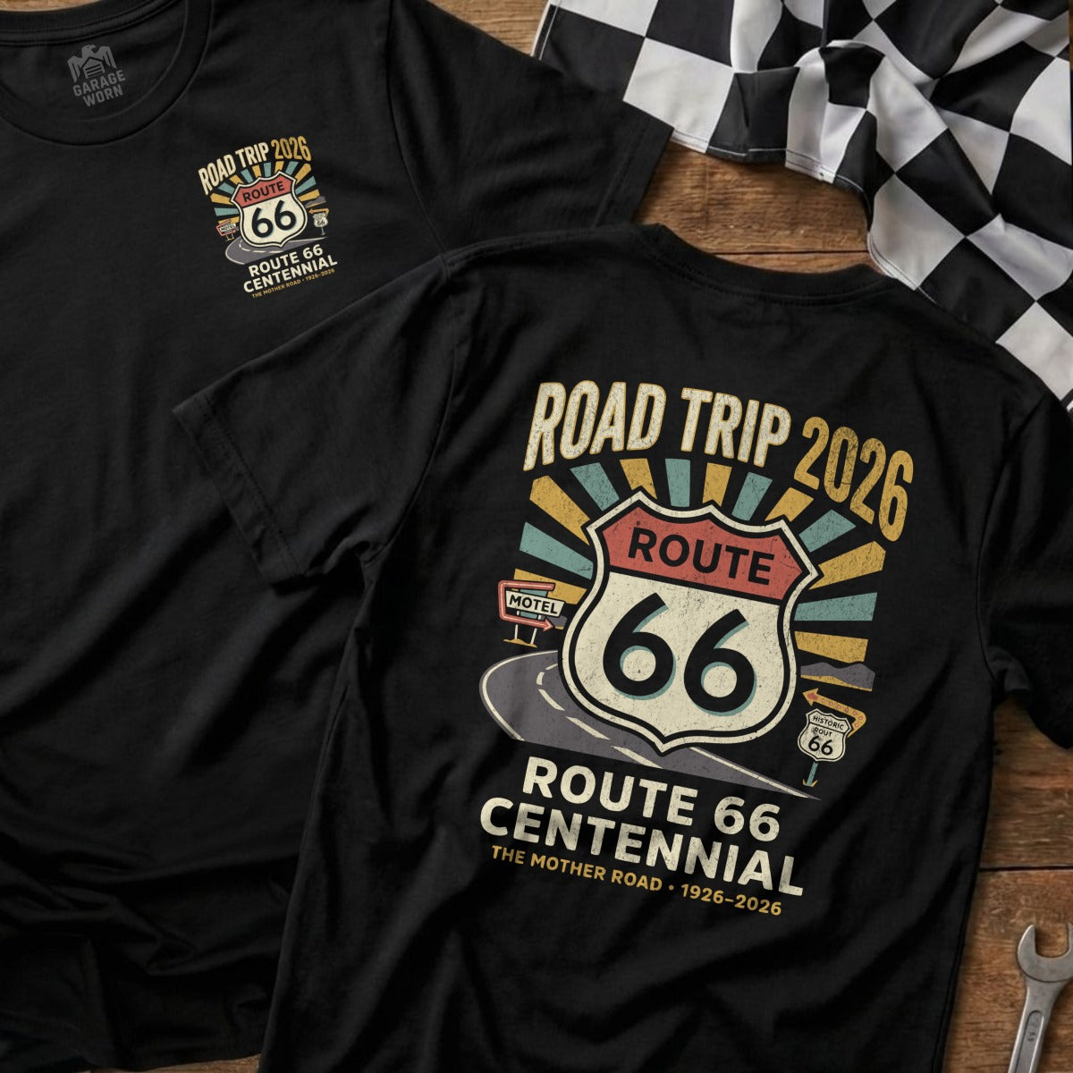 Black t-shirt with "Road Trip 2026 Route 66 Centennial" graphic.