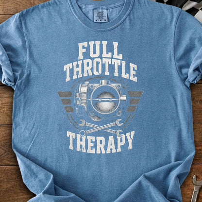 Blue t-shirt with "Full Throttle Therapy" text and graphic of a throttle body.