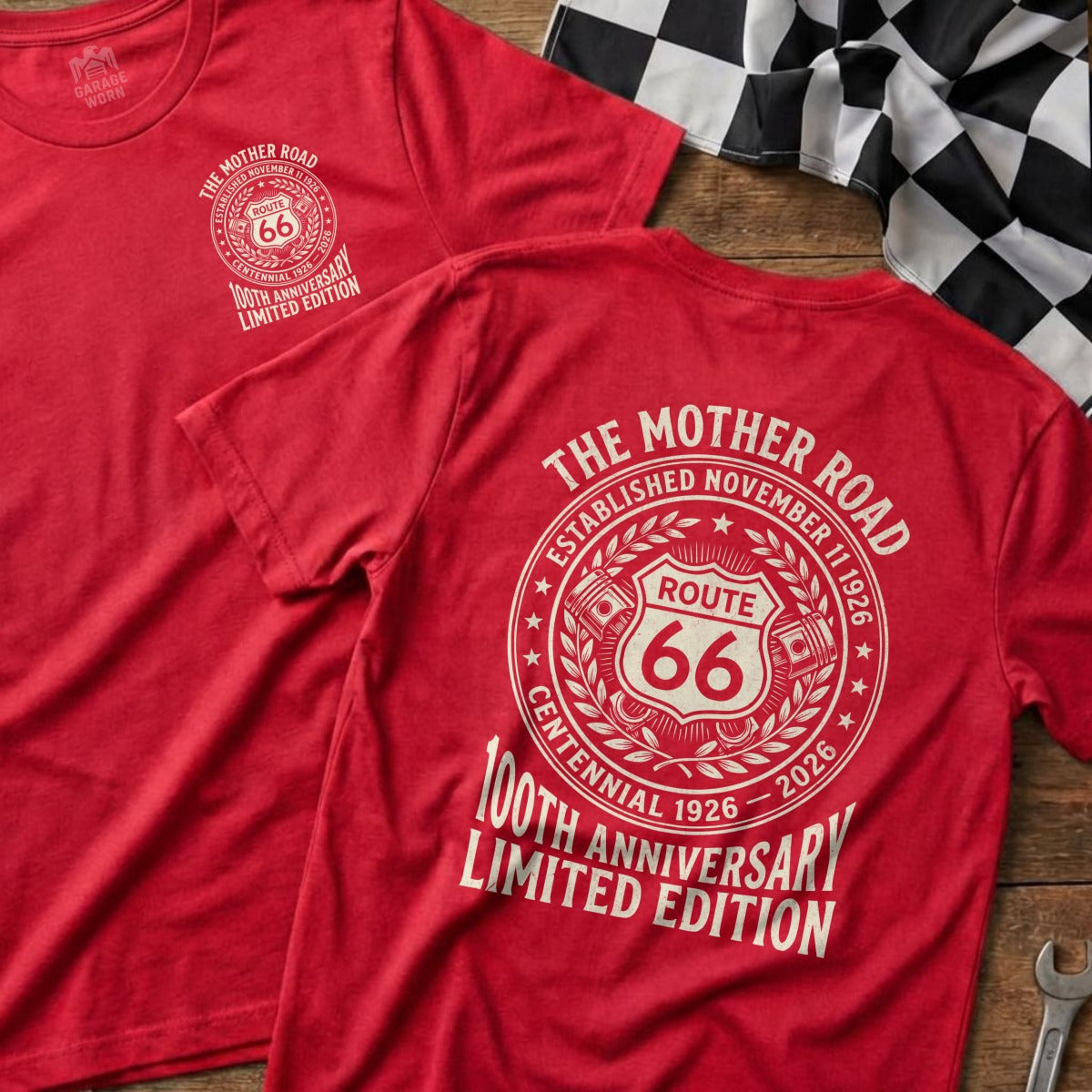 Red t-shirts with Route 66 centennial limited edition design.