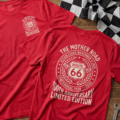 Red t-shirts with Route 66 centennial limited edition design.