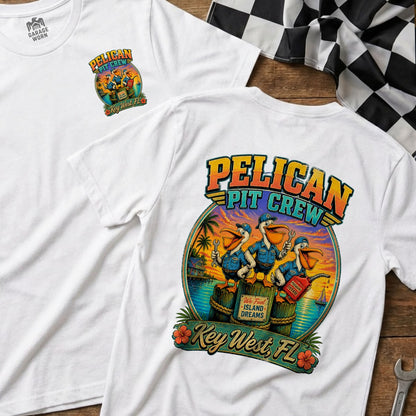 White t-shirt with "Pelican Pit Crew" graphic featuring pelicans with tools and gas can.