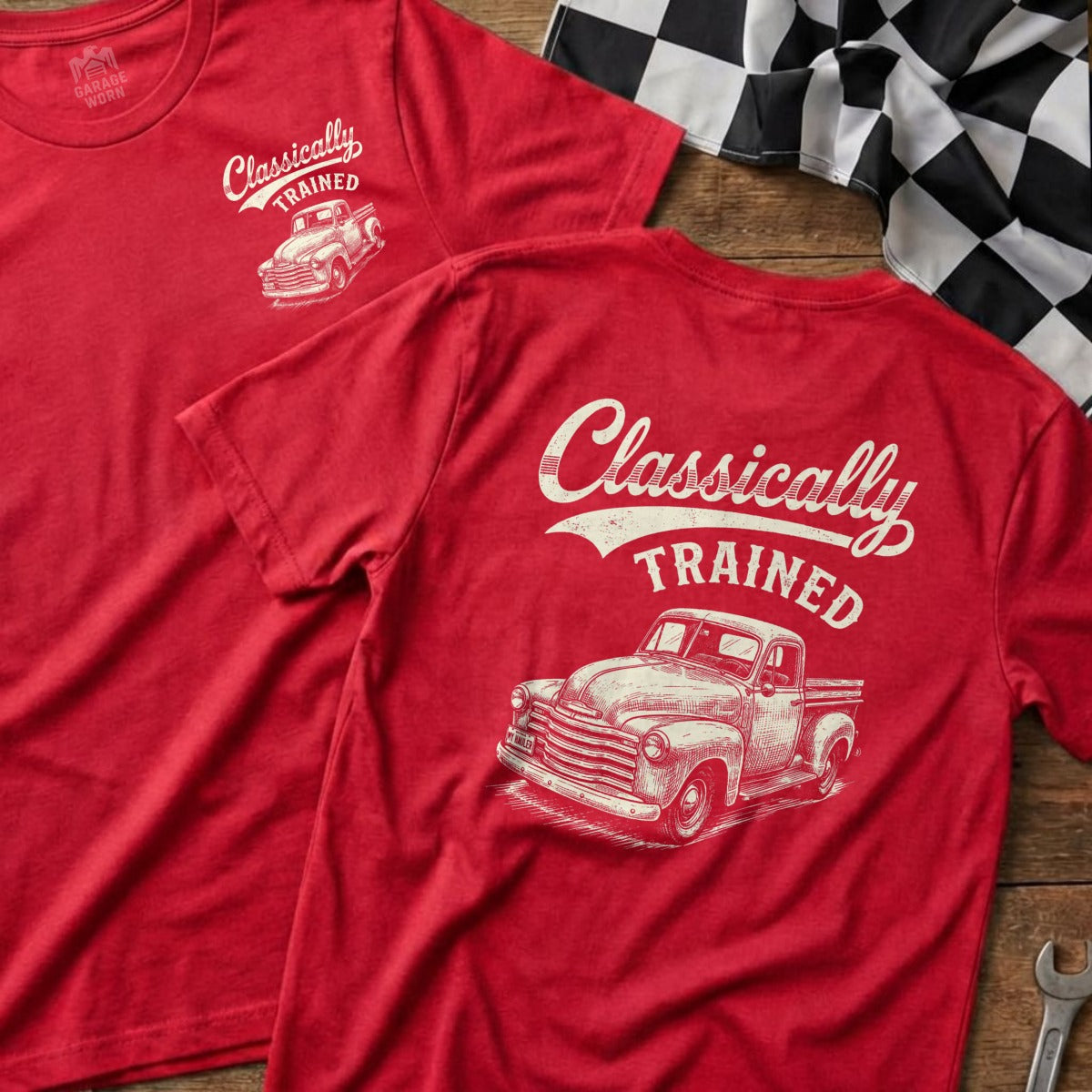 Red t-shirts feature "Classically TRAINED" and a vintage truck graphic.