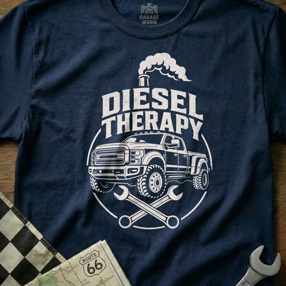 Navy t-shirt with "Diesel Therapy" text, a truck, and wrenches graphic.