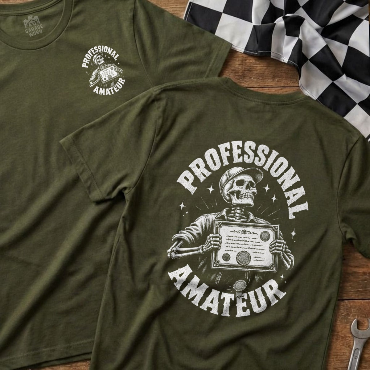 T-shirt with skeleton holding certificate, text "PROFESSIONAL AMATEUR."