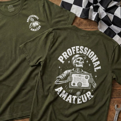 T-shirt with skeleton holding certificate, text "PROFESSIONAL AMATEUR."