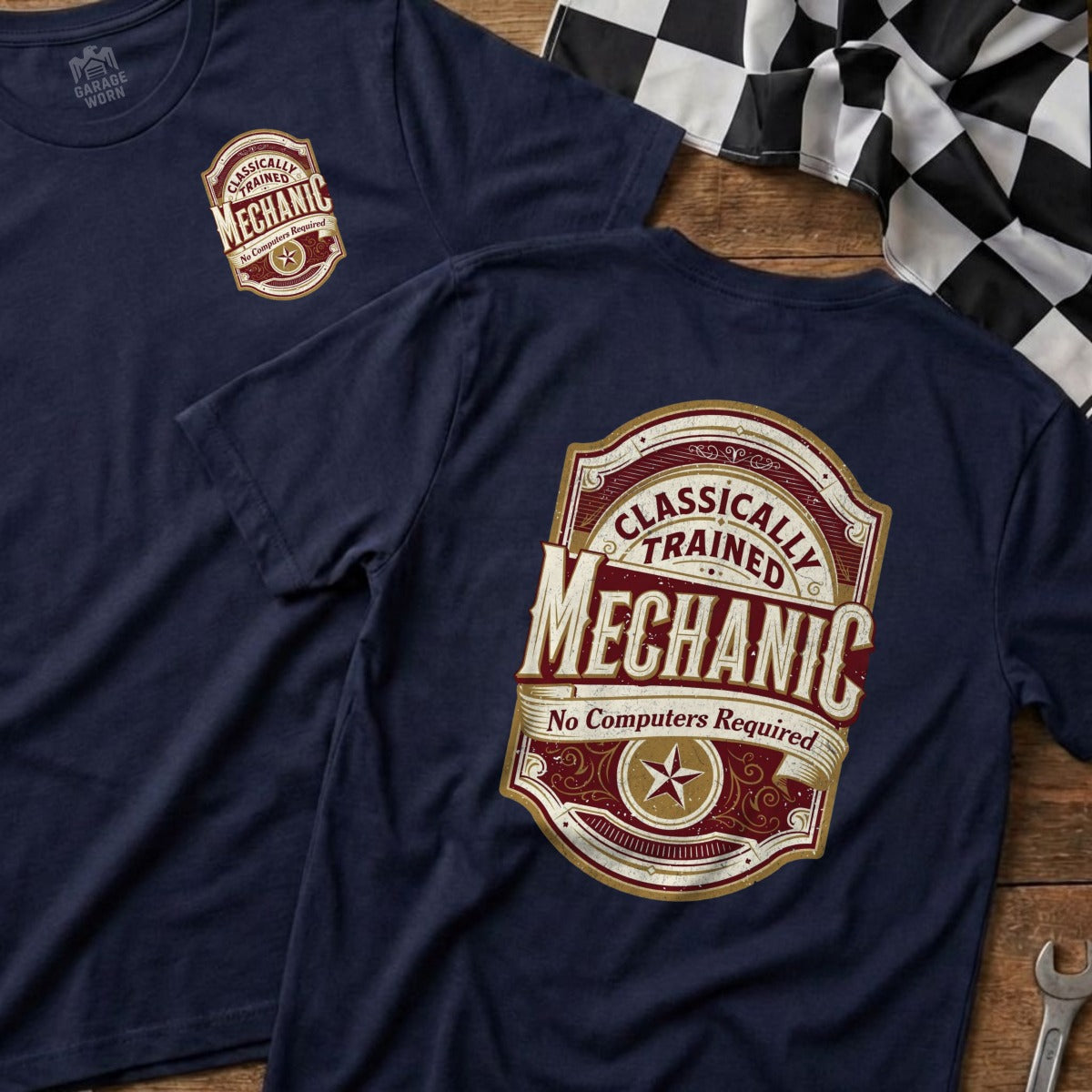 Navy t-shirt with "Classically Trained Mechanic No Computers Required" logo.