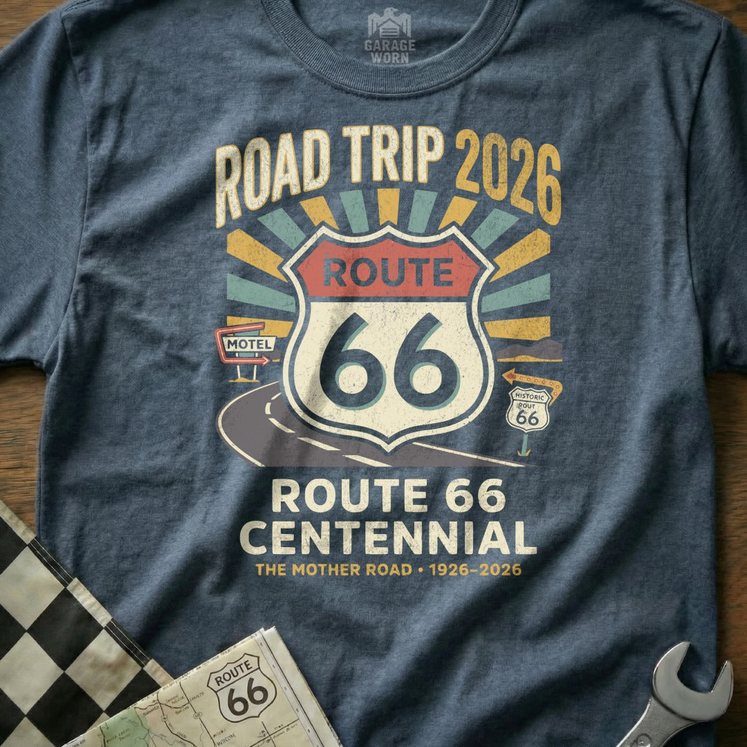 Route 66 Centennial t-shirt with "Road Trip 2026" and vintage sign.