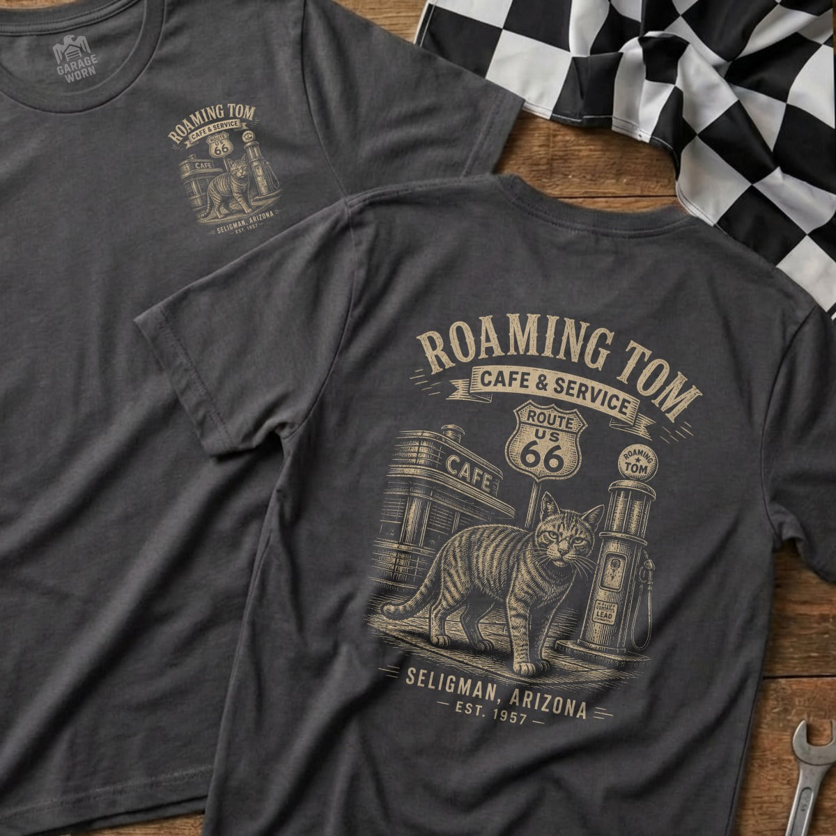 Gray t-shirt with Roaming Tom Route 66 cat graphic and Seligman, Arizona text.