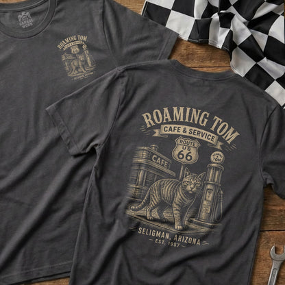 Gray t-shirt with Roaming Tom Route 66 cat graphic and Seligman, Arizona text.