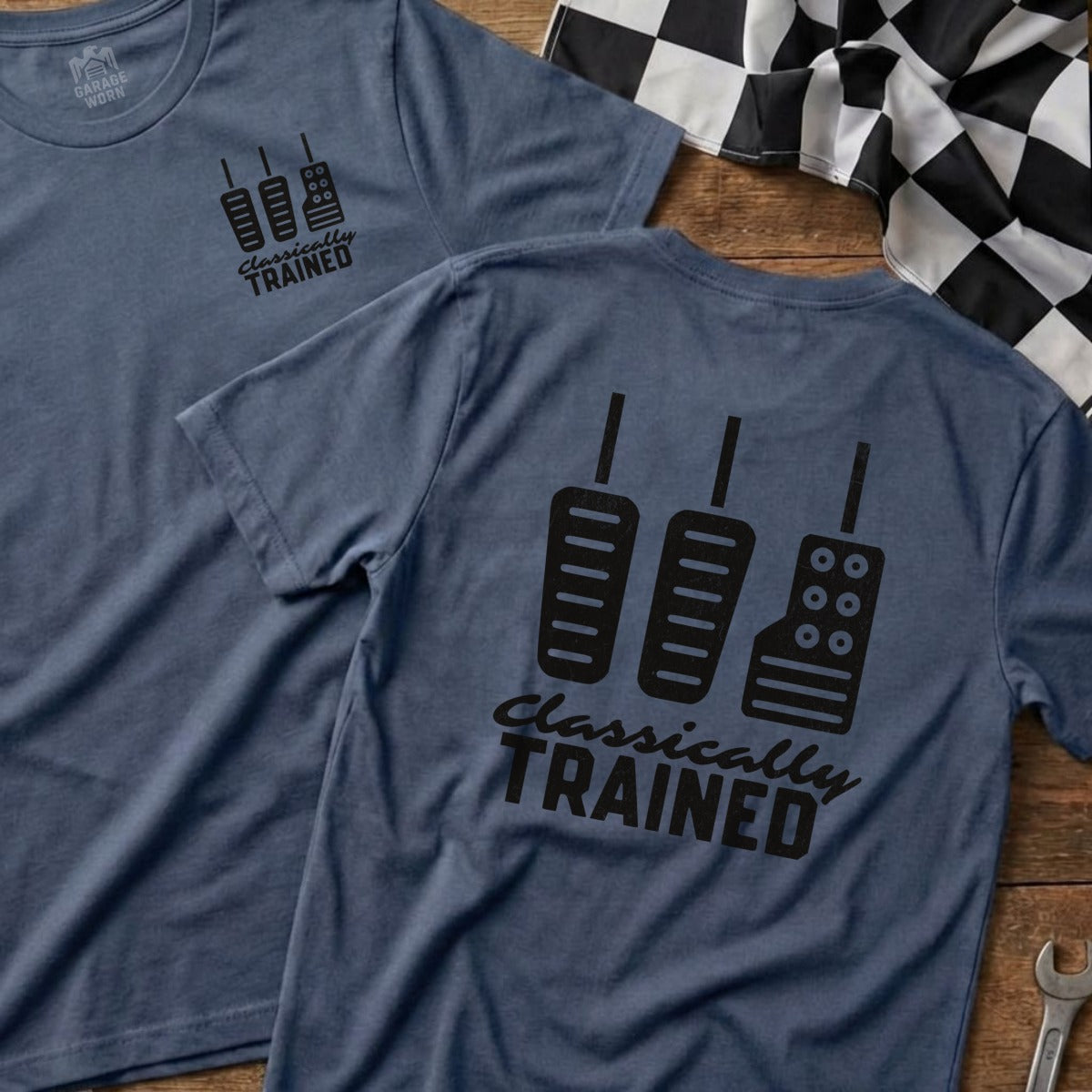 Two navy t-shirts featuring pedal graphic and "Classically Trained" text.