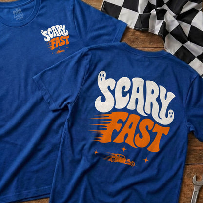 Two blue t-shirts with "SCARY FAST" text and ghost graphics.